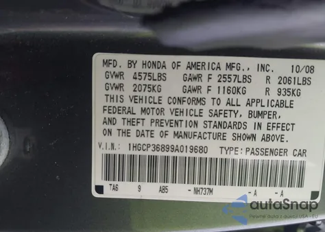 2009 Honda Accord 3.5 Ex-L from USA, damaged, VIN 1HGCP36899A019680